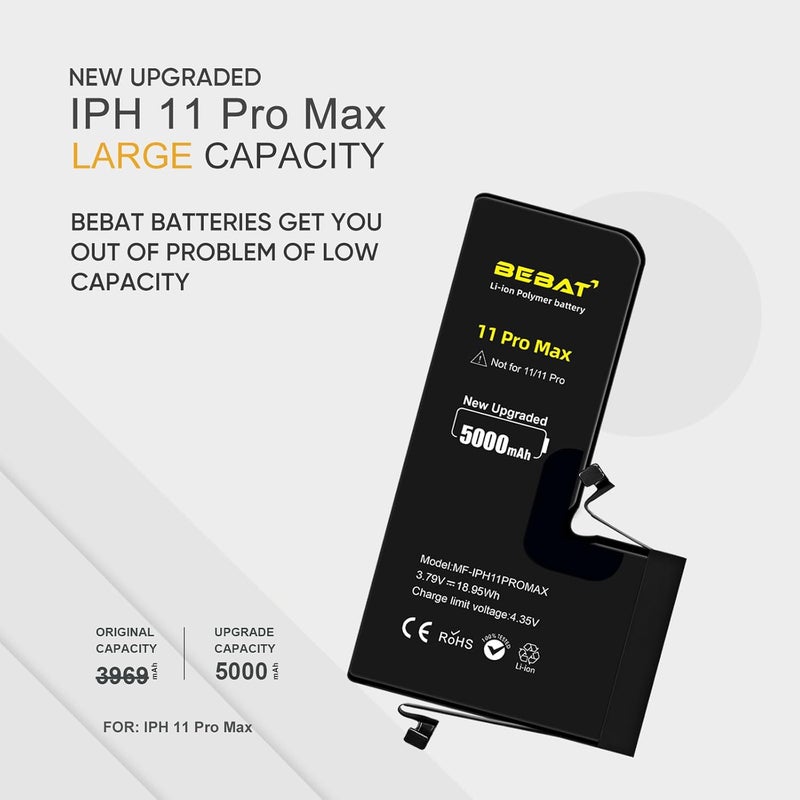 BEBAT Replacement for iPhone 11 PRO MAX Battery, 5000mAh High Capacity Li-ion Polymer Replacement Battery for Model A2218 A2161 A2220 with Professional Repair Tool Kits - Image 2